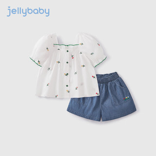 JELLYBABY休闲套装女童2024小女孩夏季衣服儿童夏装时髦宝宝纯棉两件套 米白 140CM