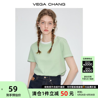 VEGA CHANG短袖T恤女2024夏季小个子简约宽松显瘦拼色上衣 春日绿 L