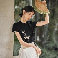 WESTLINK 西遇 新中式国风刺绣短袖女2024夏季清冷感立领直筒正肩轻薄T恤