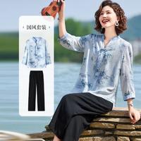 福玛玛 夏季气质新中式国风印花衬衫+休闲裤套装装装