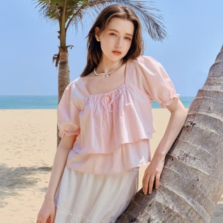 LEDIN 乐町 韩系少女感双层甜美A版棉衬衫2024夏季新款领口绑带上衣