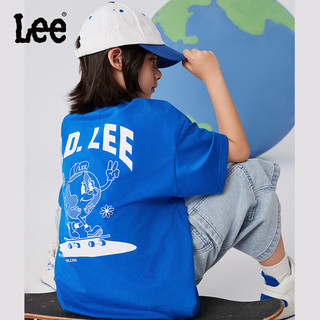 Lee儿童圆领短袖T恤2024男女童夏季款前胸印花纯棉舒适运动上衣童装 海蓝色 140cm