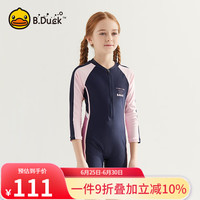 B.DUCK小黄鸭儿童连体泳衣女童 长袖短裤青少年女宝宝可爱泳装温泉泳衣 藏青/粉色 120【高100-110cm重10-15kg】