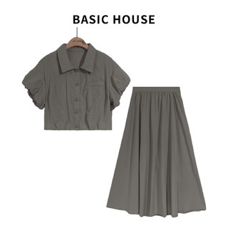 百家好（Basic House）显瘦气质高腰时尚休闲复古短袖半裙套装 灰绿 S