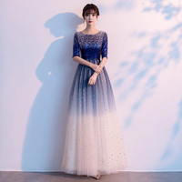 优桓古筝钢琴演出服女成人大合唱长裙主持人诗歌朗诵宴会气质 010蓝色 L