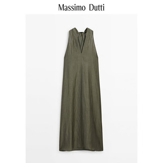 Massimo Dutti夏季2024女装优雅气质高级感亚麻纯色V领无袖连衣裙06619661 绿色 S