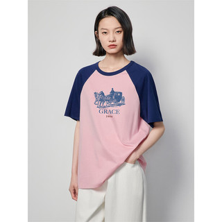 初语复古撞色短袖T恤女2024年夏季宽松纯棉上衣 宝蓝-粉色-马车字 L