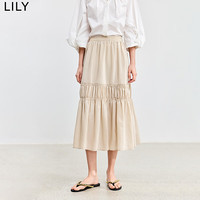 丽丽 LILY2024夏季轻都市温柔气质纯色通勤款百搭中长款褶皱半身裙 703米色 S