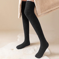 叕二叕珊瑚绒袜子女加厚保暖月子袜过膝长筒袜女秋冬地板袜家居睡觉袜子 黑色