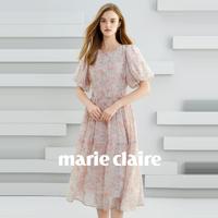 Marie Claire 嘉人 天丝连衣裙女2024新款夏时尚高级感气质显瘦裙子灯笼袖碎花裙
