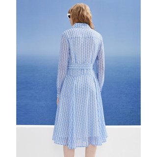 唐可娜儿（DKNY）2024春夏女链条满印印花腰部系带A字衬衫连衣裙女装 蓝色 M(160/84A)