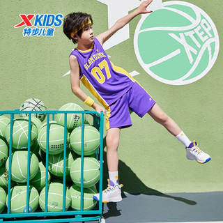 特步童装儿童套装夏季篮球比赛套装无袖裤子两件套中大童男童两件套 深亮紫 165cm