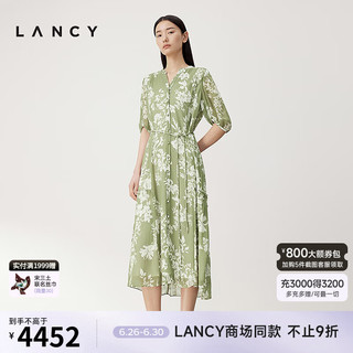 朗姿/LANCY2024夏季真丝印花收腰短袖连衣裙女 翠绿色 S