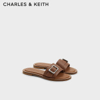 CHARLES&KEITH24夏金属扣饰平底一字拖鞋外穿女CK1-70580230 CARAMEL焦糖色 41