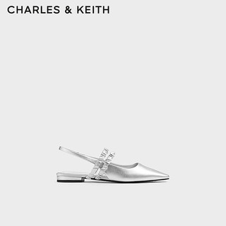 CHARLES&KEITH24秋季褶皱绊带饰法式气质尖头包头平底凉鞋女CK1-70381071 Silver银色 40