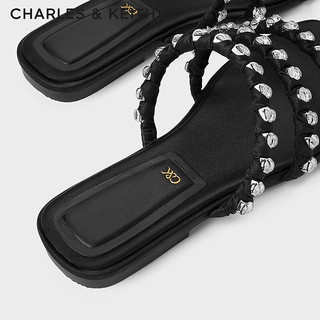 CHARLES&KEITH24夏季方头镶钻平底防滑小香风沙滩一字凉拖鞋女SL1-71790031 BLACK TEXTURED黑色纹理 40