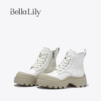 Bella Lily2024白色英伦马丁靴女真皮增高中筒靴休闲机车靴子 米白 35