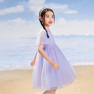 茵曼（INMAN）童装女童网纱连衣裙2024夏儿童中大童荷叶袖公主裙甜美风 紫色 120cm