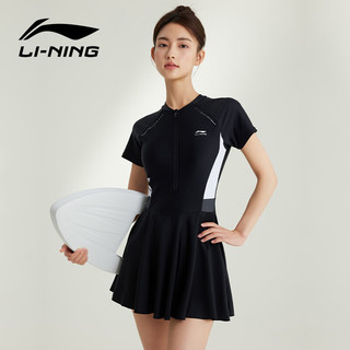 李宁（LI-NING）泳衣女连体裙式游泳衣遮肚显瘦抗氯速干温泉泳装546 黑色 XXXL 