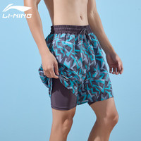 李宁（LI-NING）泳裤男士防尴尬五分双层游泳裤舒适高弹海边度假沙滩裤200蓝灰XL