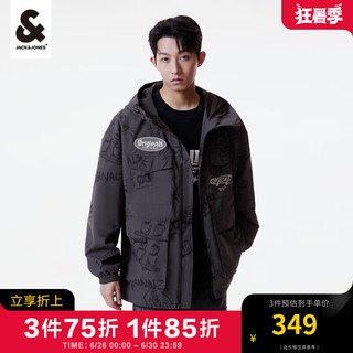 杰克·琼斯（JACK&JONES）男装户外工装外套男春夏上衣宽松满印连帽休闲夹克男生高档衣服 黑砂色E44 190/108A/XXL