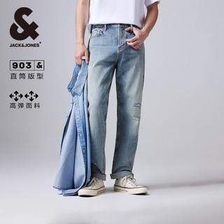 杰克·琼斯（JACK&JONES）款裤身磨破设计浅牛仔蓝弹力合体直筒牛仔裤长裤男士224132053 浅牛仔蓝E40 常规 浅牛仔蓝E40 180/86A/LRW