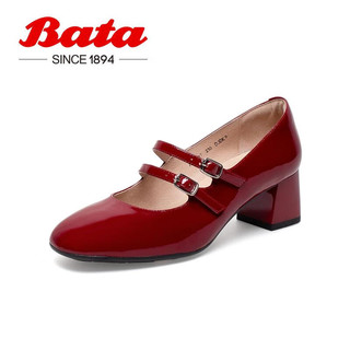 拔佳（Bata）【林允同款】玛丽珍单鞋女春秋商场洛丽塔中跟软底AHA07AQ3 红色（新） 36