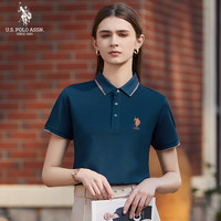 美国马球协会 U.S. POLO ASSN.US保罗T恤女夏季时尚减龄翻领短袖女运动休闲POLO衫 墨兰313 L 165/88A