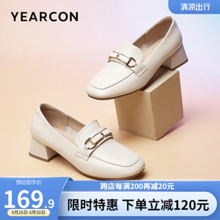 YEARCON 意尔康 女鞋 女士单鞋牛皮套脚学院风乐福鞋女通勤舒适中跟小皮鞋女 米白 39