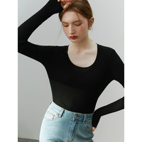 FANSILANEN范思蓝恩22FS3069百搭U型领针织衫女可机洗羊毛内搭长袖打底上衣 黑色 M