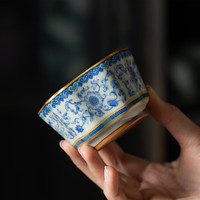 兮元记青花汝窑主人杯单杯陶瓷茶杯品茗杯个人高档建盏中国风满花珐琅彩 繁花米黄汝窑五葵主人杯-布袋款