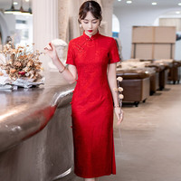 家隆名秀旗袍女 中式旗袍敬酒服酒红色回门新娘夏订婚礼服 红色 XL