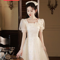 丽佰昕香槟色晚礼服女2024轻奢小众高端高级感连衣裙纱裙毕业成人礼 香槟色 XL 110-120斤