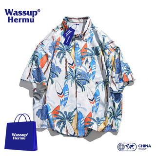 WASSUP HERMU短袖男夏季精致时尚夏威夷风休闲大气上衣高品质男女款短袖花衬衫 奶白色 M(身高170-175斤