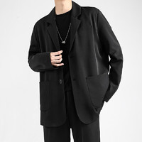 巨楠 春夏季休闲西装男士痞帅宽松长袖西服套装大码单西韩版潮流外套 002黑色(直口袋) 6XL（210-230斤）