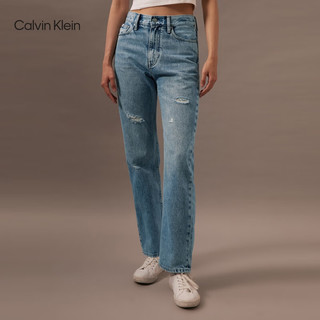 Calvin Klein Jeans24早秋新款女士复古潮流ck破洞洗水高腰直筒牛仔裤J223952 1AA-牛仔浅蓝