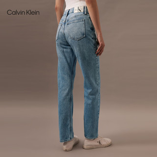 Calvin Klein Jeans24早秋新款女士复古潮流ck破洞洗水高腰直筒牛仔裤J223952 1AA-牛仔浅蓝