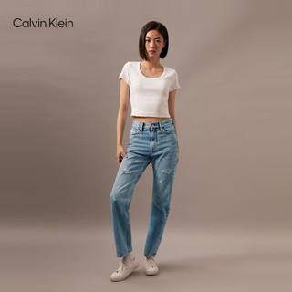 Calvin Klein Jeans24早秋女士复古潮流ck破洞洗水高腰直筒牛仔裤J223952 1AA-牛仔浅蓝 28