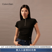 Calvin Klein Jeans24早秋女士简约ck刺绣螺纹拉链半开襟短袖T恤J223564 BEH-太空黑 L