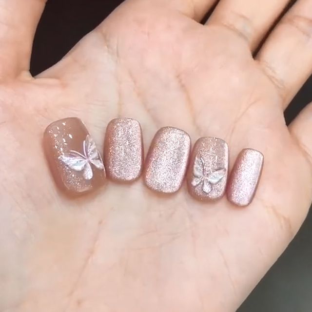 maxfine 猫眼半手工显白指甲穿戴手工玻璃珠美甲爆闪新款贴片高级甜酷蝴蝶