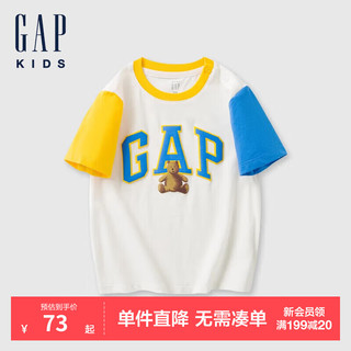 GAP男幼童2024夏季小熊印花logo撞色短袖T恤上衣465360 白色 90cm(1-2岁) 亚洲尺码
