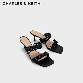 CHARLES&KEITH串珠一字方头高跟凉拖鞋女SL1-61900016 Black黑色 40