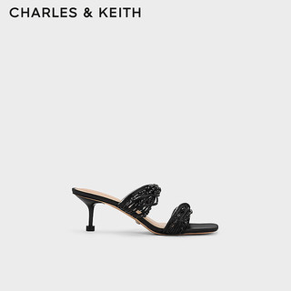 CHARLES&KEITH串珠一字方头高跟凉拖鞋女SL1-61900016 Black黑色 37