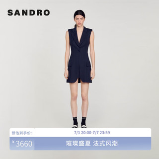 SANDRO2024夏季女装无袖西装领收腰百褶连衣裙短裙SFPRO03581 D234/深蓝色 36