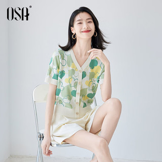 欧莎（OSA）小清新爱心提花针织衫女夏季宽松显瘦薄款v领短袖上衣 黄绿色 XL