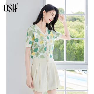 欧莎（OSA）小清新爱心提花针织衫女夏季宽松显瘦薄款v领短袖上衣 黄绿色 L