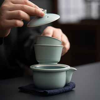 苏氏陶瓷（SUSHI CERAMICS）汝窑旅行茶具套装便携式陶瓷功夫茶具盖碗配两杯快客茶套装