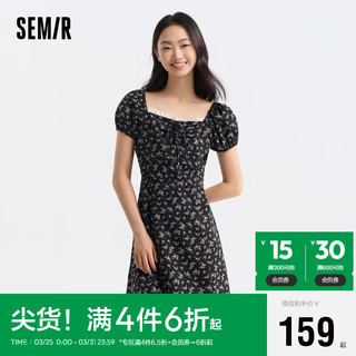 森马（Semir）连衣裙女泡泡袖碎花雪纺裙森系2024夏季方领收腰短裙109324114013 黑色调00399 XS