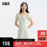 森马（Semir）连衣裙女泡泡袖碎花雪纺裙森系2024夏季方领收腰短裙109324114013 白色调00311 XS