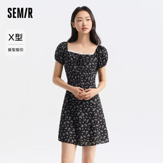 森马（Semir）连衣裙女泡泡袖碎花雪纺裙森系2024夏季方领收腰短裙109324114013 黑色调00399 M